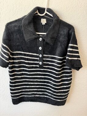Striped Fuzzy Polo Sweater - Size Medium